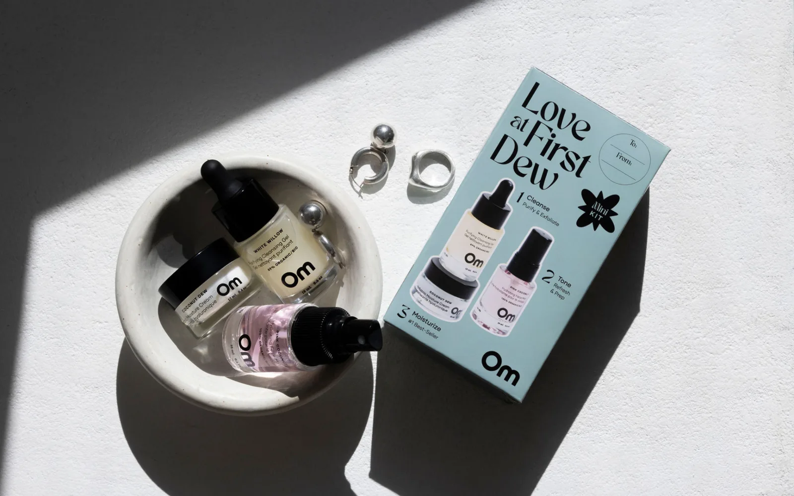 The Om Organics Love at First Dew kit with its three mini bottles